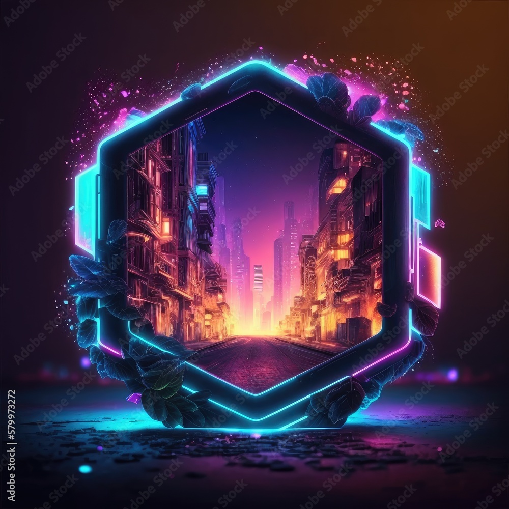 Poster futuristic of neon glowing in hexagon shape of cityscape. concept of colorful cyberpunk in building 