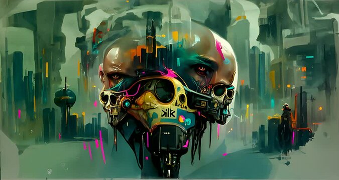 cyberpunk skull around the city, ai is rapidly changing the world, generative ai
