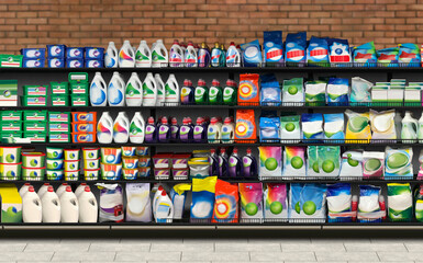 Washing up powder and liquid detergent on shelf In supermarket. Suitable for presenting new ...