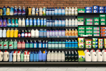 Softener on shelf in supermarket.

With colorful and brand less labels. Suitable for presenting new...