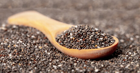 Chia seeds close-up with a wooden spoon. Chia seeds macro. Dry healthy supplement for proper nutrition.