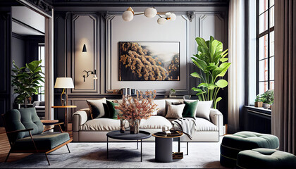 Chic and Stylish Living Room, Generative AI
