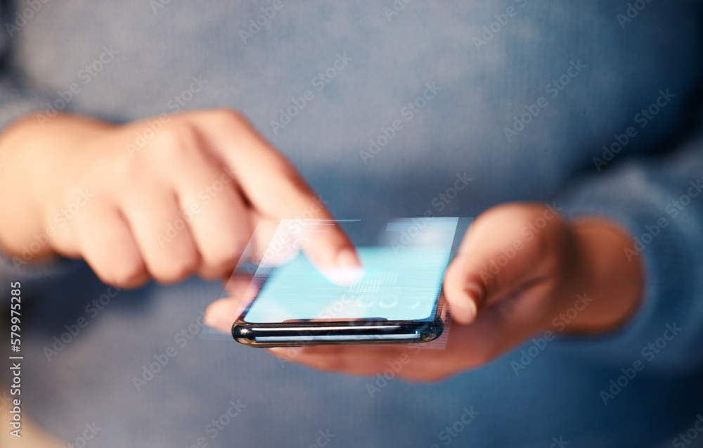 Poster Hands typing, phone screen and hologram in office, data or holographic financial statistics. Futuristic, graphs or business woman with mobile smartphone for networking, web browsing or 3d digital app