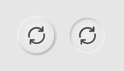 Refresh button in neumorphism style. Icons for business, white user interface. UI, UX. Reload symbol. Rotation arrows, renew, recyce, update, sync. Neumorphic, line style. Vector illustration.