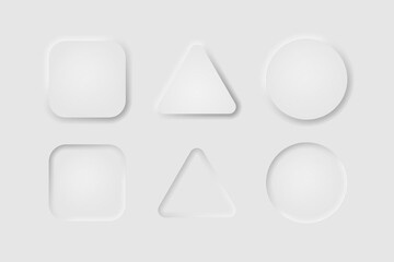Editable neumorphism button set in shape of square, triangle and circle. For web design, mobile app menu. Soft light shadows trendy style. UI components. Vector illustration.