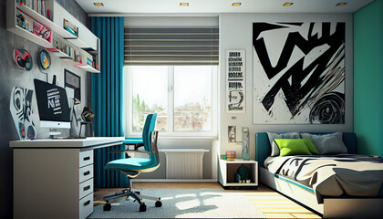 Stylish teenagers room interior with comfortable bed and sports equipment