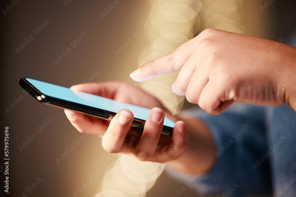 Poster hands, phone screen and typing in night office, texting or social media in workplace. mockup, greens