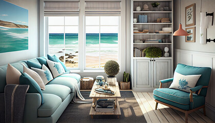 Coastal Living Room Decor with a Stunning Sea Beach View, Generative AI
