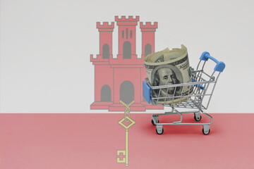 Metal shopping basket with dollar money banknote on the national flag of gibraltar background....