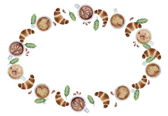 Watercolor hand drawn circle frame wreath with capuccino coffee cups, leaves, beans, croissants. Isolated on white background. For invitations, cafe, restaurant food menu, print, website, cards