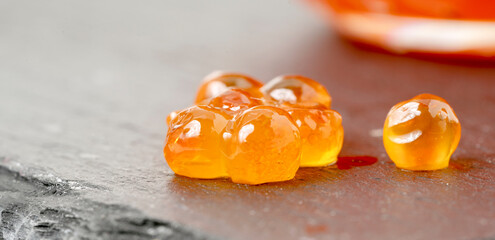 fresh red caviar of sockeye salmon or sturgeon breeds of fish