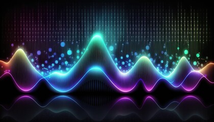Audio wave multicolored neon glowing audible acoustic waves of music song, colorful sound range of audio frequency. Beautiful colors of sound on black background, generative AI