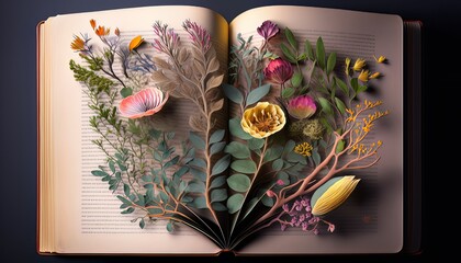 Open book with flowers. Flora book. Generative AI