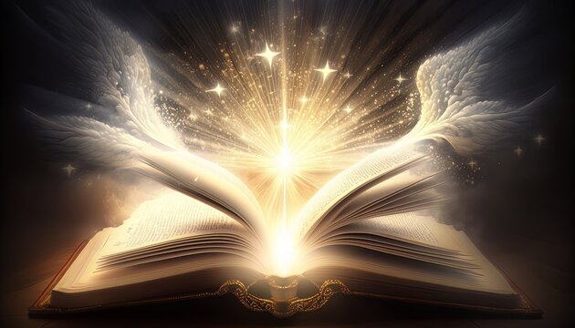 Open book with light of heaven. Religion book. Generative AI