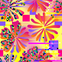 Abstract seamless background with pixels and abstract colorful flowers. Vector illustration. Design for fabric, wallpaper.