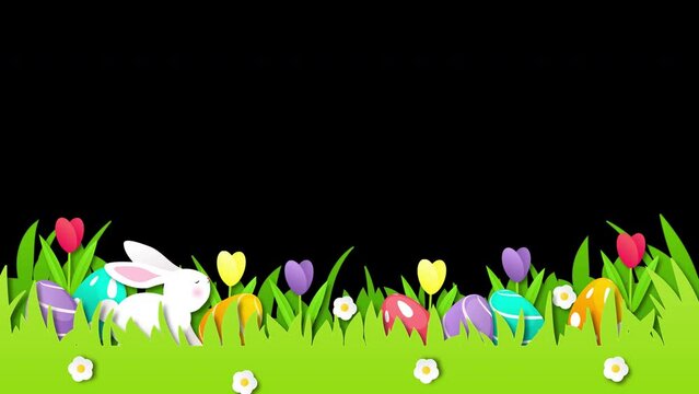 4K Easter Animation on transparent background. Cute Rabbit with easter eggs on spring meadow