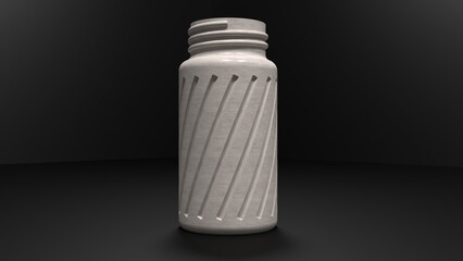 White wooden bottle isolated on black background. White bottle with spiral pattern. product design 3d render