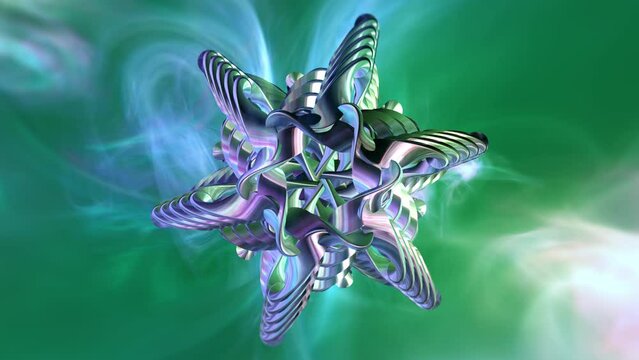 Abstract 3D loop. Mystical evolving geometric shapes and fractal aurora background. Esoteric sacred geometry.