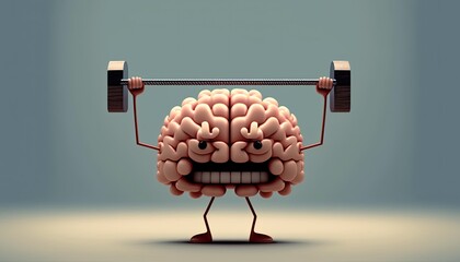 Funny cartoon brain with legs and hands lifts heavy barbell, brain training illustration on solid background. Funny easy brain development concept with barbell, generative AI