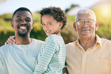 Portrait, black family with a father, son and grandfather bonding outdoor in the garden together...