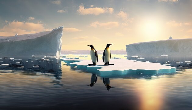 Two penguins stand on melting ice in Arctic Ocean global warming concept, world global planet climate change. Two cute emperor penguins confused by ice melting, generative AI