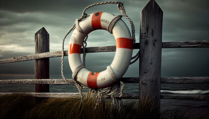 Lifebuoy on fence near by sea