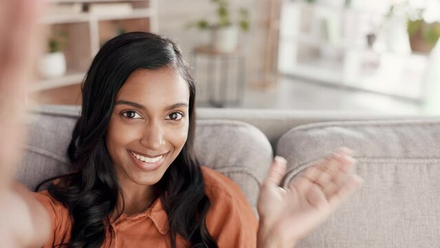 Woman, face and smile for selfie on living room sofa for vlog, profile picture or social media post at home. Portrait of happy female with facial expressions for photo or networking on lounge couch