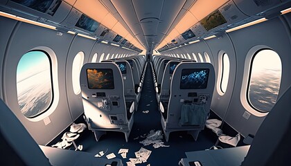 Mess in plane aisle after strong turbulence, scattered personal belongings and food between rows of seats in airplane cabin, muddle and confusion at turbulent flow in flight, generative AI
