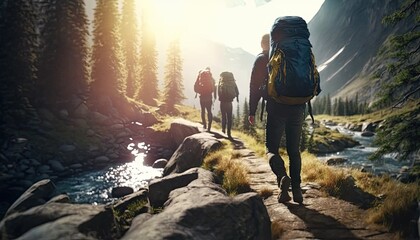 Trekking group of tourists with backpacks on mountain footpath among river forest, beautiful sunlight above nature landscape, wandering nomads wanderlust hiking concept, generative AI - obrazy, fototapety, plakaty
