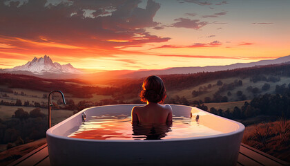 Young woman take bath outdoor at sunset, girl rear view to nude back take relax SPA procedure on nature fresh air at sunset, vacation rest and contemplating environment beauty, generative AI - obrazy, fototapety, plakaty
