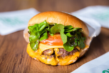 Cheese burger - American cheese burger with fresh salad on wooden background