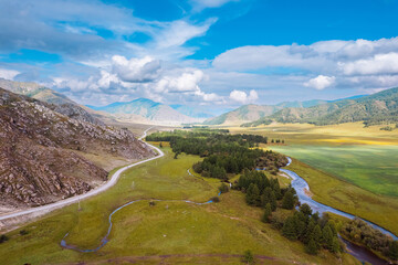 Fototapeta premium Summer landscape Altai mountains summer Russia, aerial top view