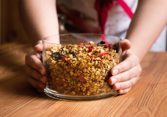 granola - sweet oat flakes with dried fruits. food background. top view. copy space. healthy food,...