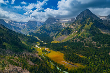 Naklejka premium Summer Landscape beautiful mountains Altai with Multe lake, Aerial top view