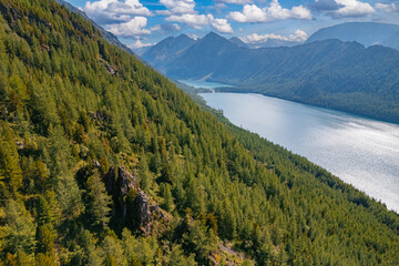 Aerial top view Summer Landscape beautiful Multinskoye lake mountains Altai