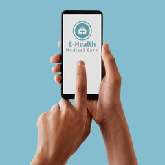 Hands, phone and mockup screen for healthcare, Telehealth or medical care against a blue studio...