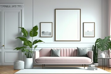 Modern living room with plants, counter and frame.white green pastel color background Made With Generative AI