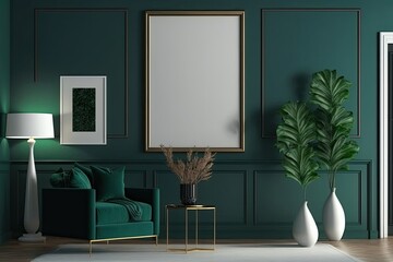 Modern living room with plants, counter and frame.white green pastel color background Made With Generative AI
