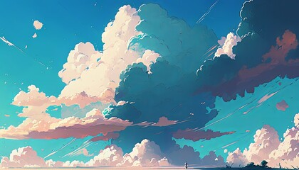 Big clouds in the sky background. Anime cartoon style. Generative AI
