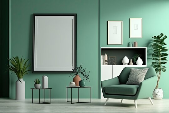 Modern living room with plants, counter and frame.white green pastel color background Made With Generative AI