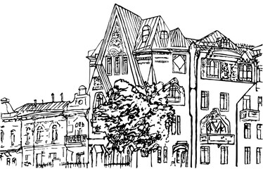 Pertsov's House or the House with Chimeras, "Fairy Tale House", a landmark building in the neo-Russian style built in 1907 at the Cathedral of Christ the Savior in the center of Moscow.  Ink sketch