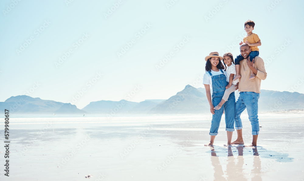 Sticker Portrait of mother, father and children at beach for bonding, quality time and relaxing on weekend. Travel mockup, family and happy parents smile with kids on summer holiday, vacation and adventure