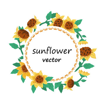 Circle border or frame with hand drawn sunflowers for summer cards and food packs design, flat vector illustration isolated on white background. Sunflowers for food labels and kitchenware.