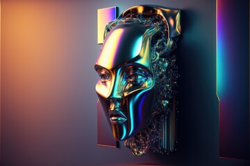 Digital illustration of a robot face in neon light