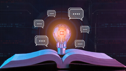 Light bulb glowing with AI icon provide information, digital chat bot concept. Artificial intelligence, machine learning concept, big data, cloud computing, computer network and innovation technology