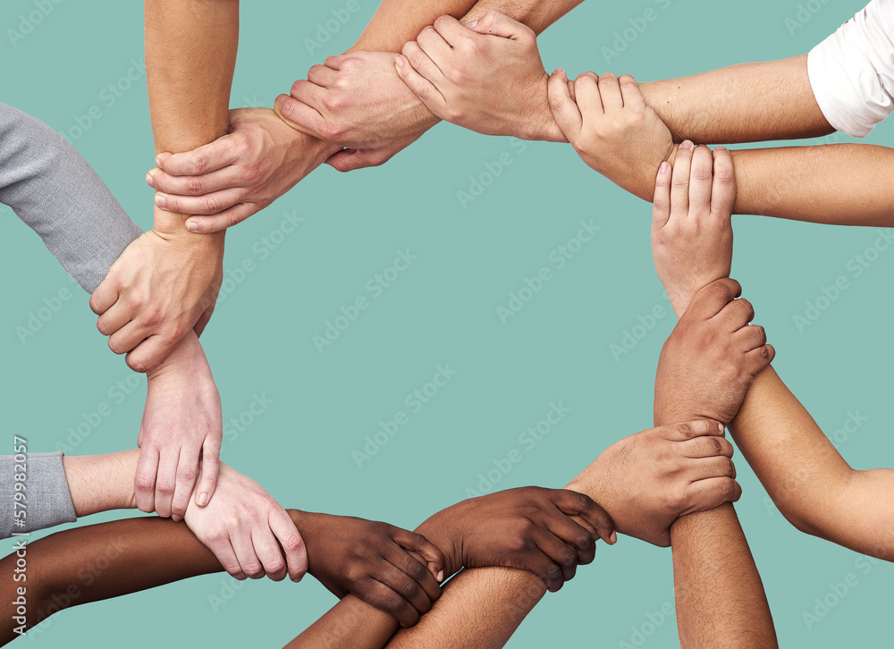 Poster people, diversity and hands together in teamwork collaboration for trust against a studio background