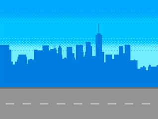 Pixel art game background with road and city silhouette.