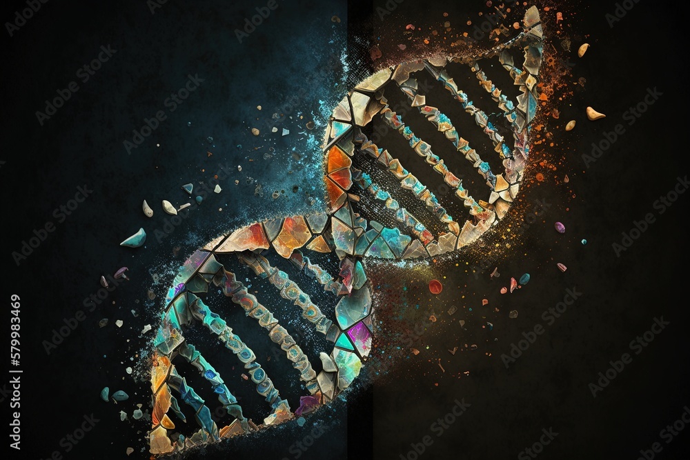 Poster broken dna helix on a black background. generated by ai