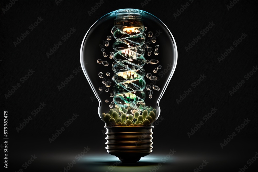 Poster light bulb with dna helix on black background