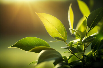 beautiful green tea leaves with sunlight. generative ai